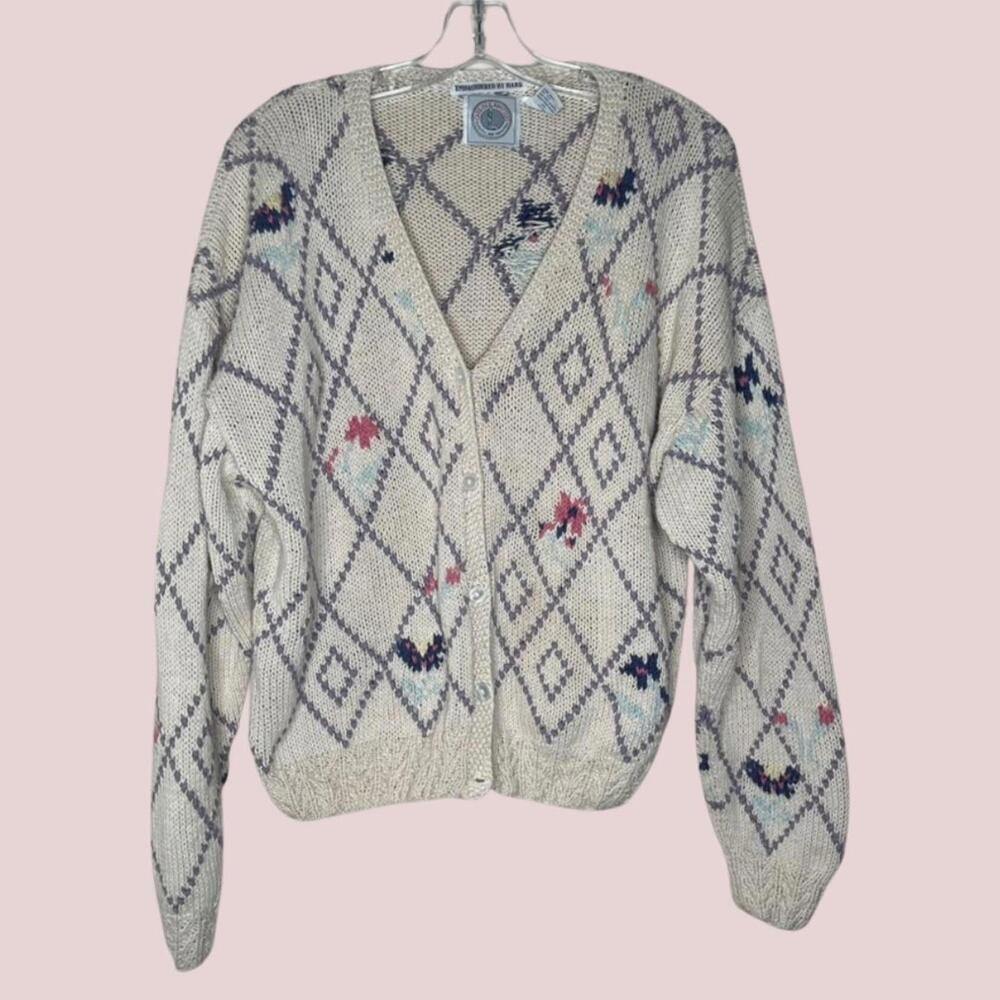 VTG Cape Isle Knitters Embroidered Hand-Knit Floral Cream Cardigan Sweater XL